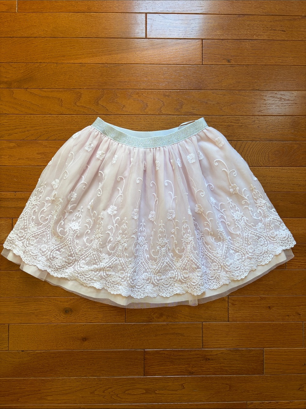 Girls Light Pink Embroidered Tulle Skirt with Sparkle Waistband